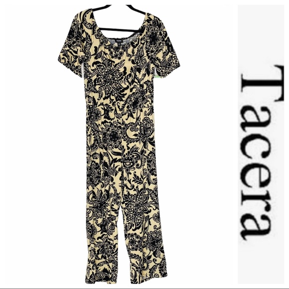 Brand New! Tacera Cream/Black Floral Stretchy Jumpsuit with Elastic Waist Sz PS - Picture 5 of 12